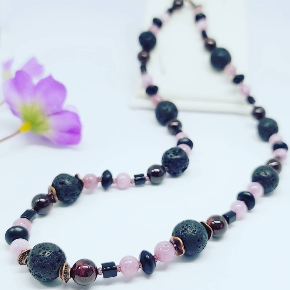 Lava Stone, Garnet and Quartz necklace